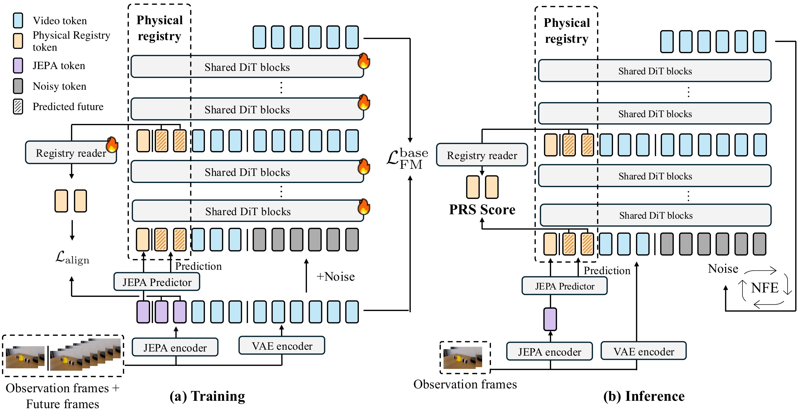 Method overview. (a) Training: a JEPA encoder and predictor produce a forecast that initializes Physical Registry tokens; the registry tokens are concatenated with video tokens and pass through shared DiT blocks; a registry reader is supervised with an alignment loss while the video stream keeps the flow-matching loss. (b) Inference: the registry is forecast-initialized from the observation and the registry reader produces readouts for the PRS score.
